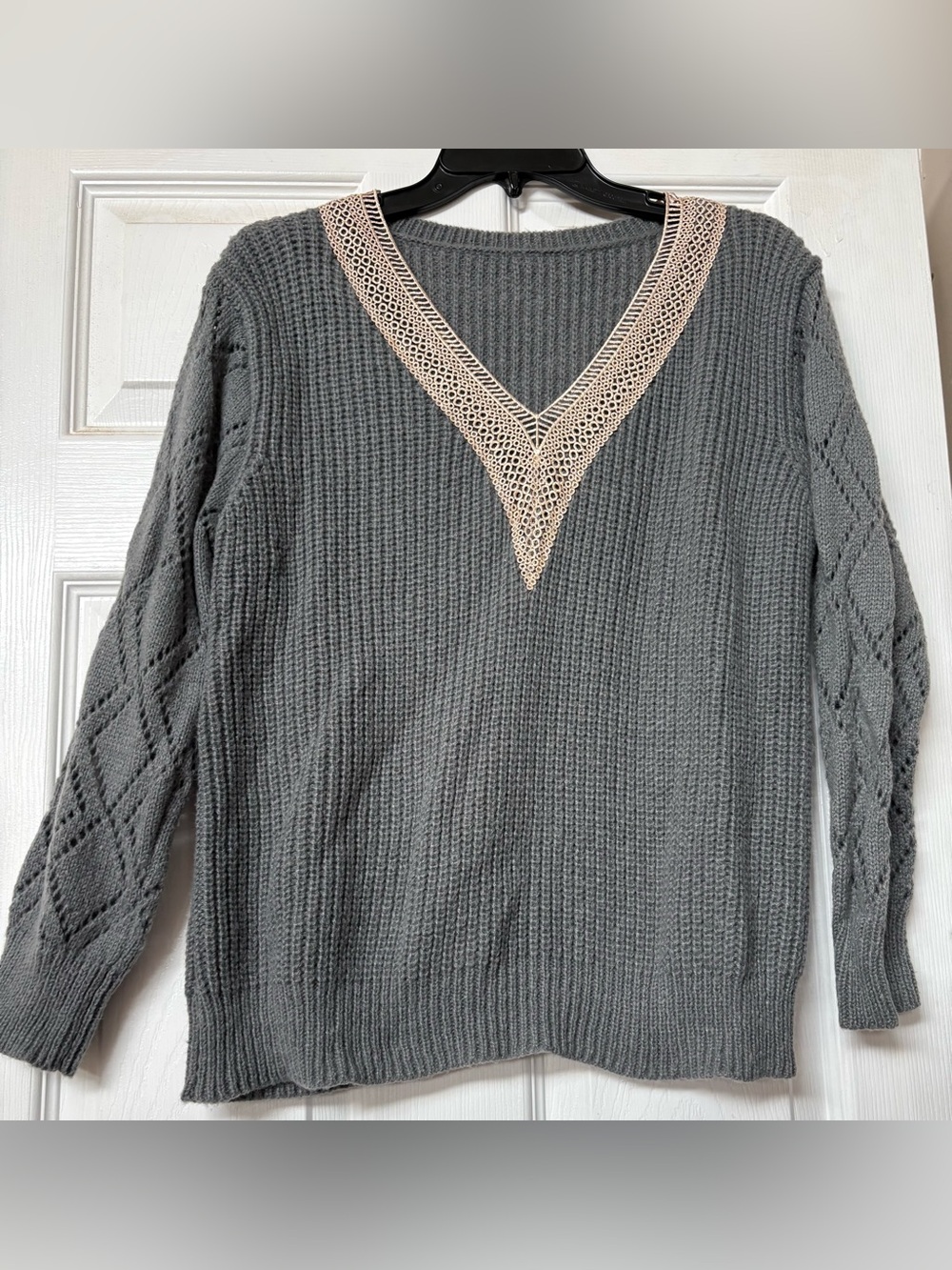 Grey V-Neck Knit Sweater with Cream Lace Trim. Brand: SHEIN. Size: Small